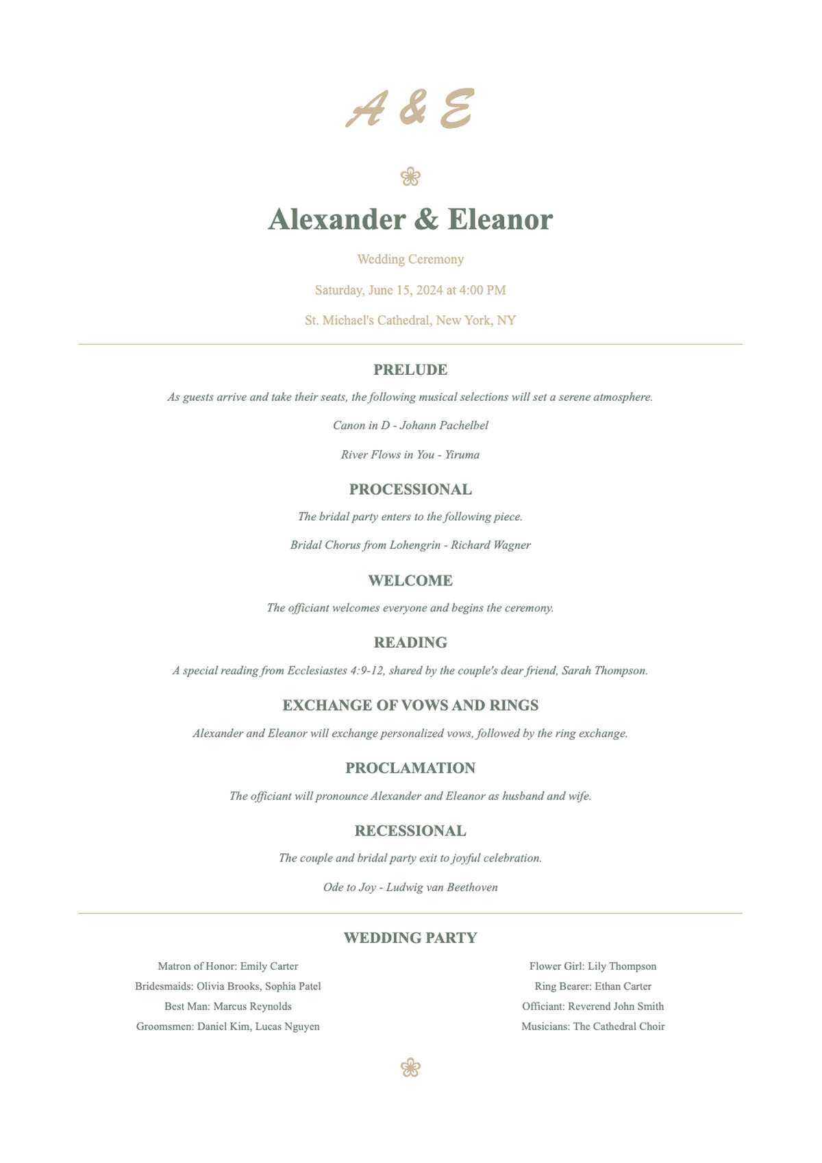 Elegant wedding ceremony program with gold accents and monogram_variant_3